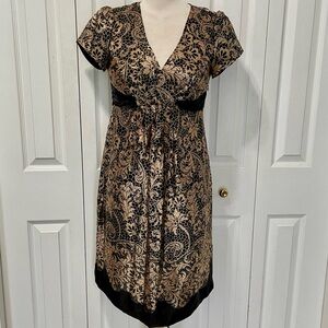 Mimi Maternity 100% Silk Black and Gold Midi Dress